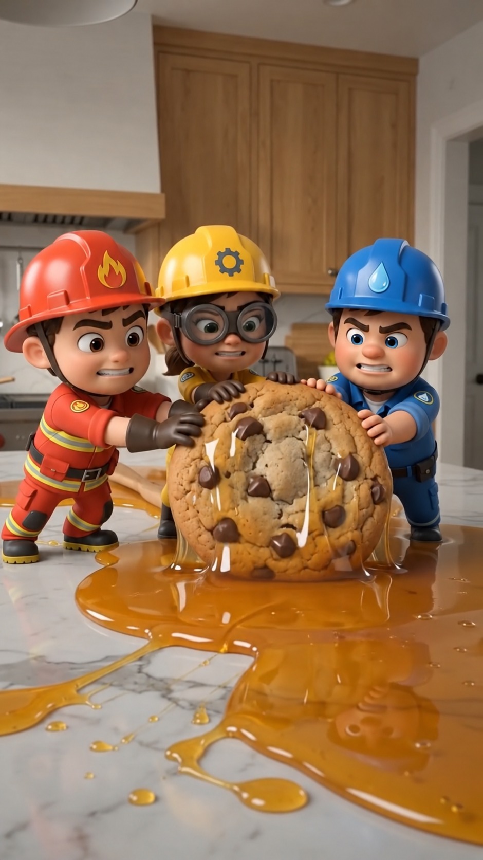 Tiny Trouble Crew working together with a giant cookie in a sticky honey spill