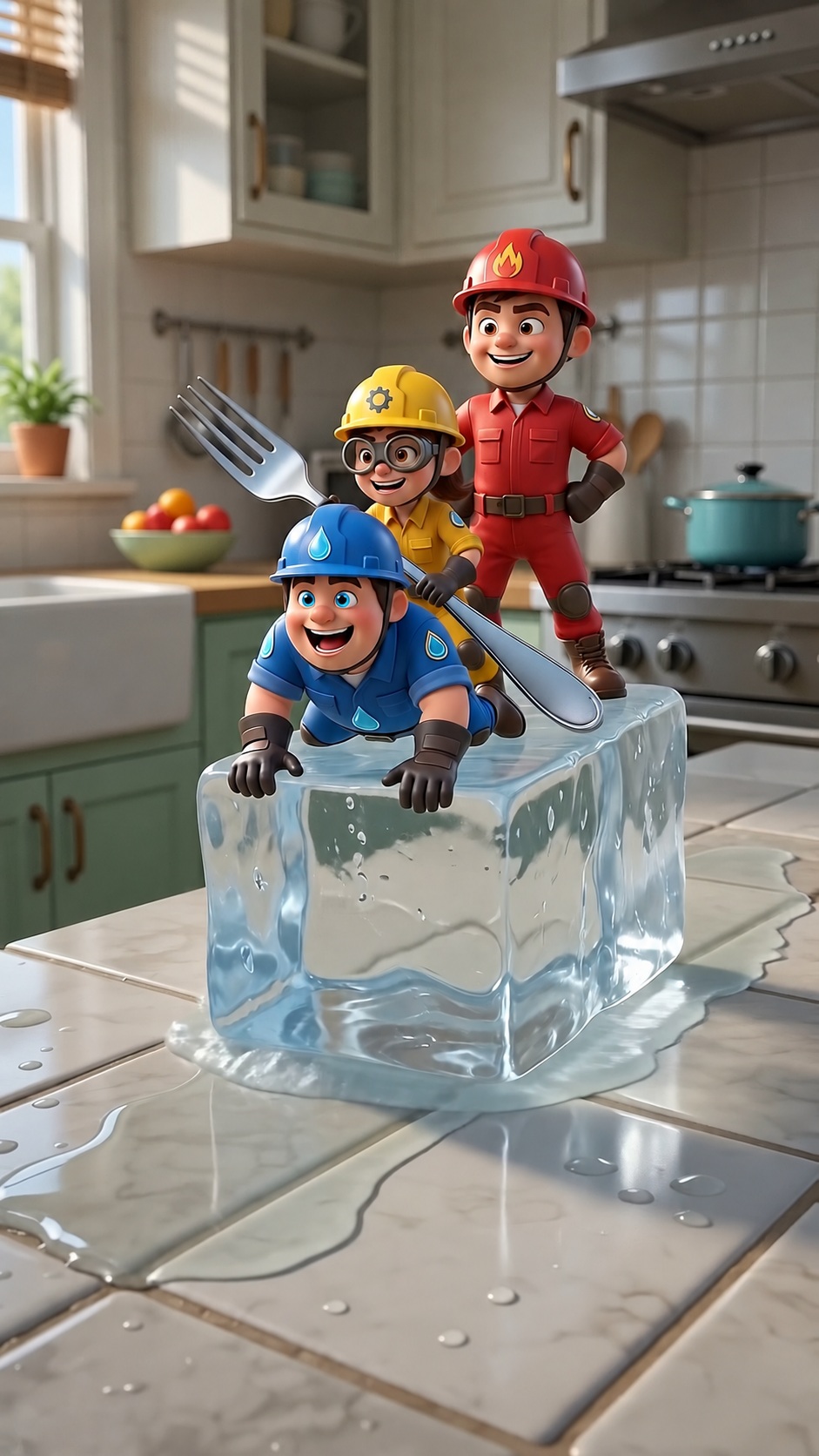 Rex, blue eyed Bobo and Mika riding a giant ice cube in the kitchen